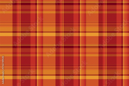 Silk seamless textile fabric, printing tartan plaid pattern. Discount background check texture vector in red and orange colors.