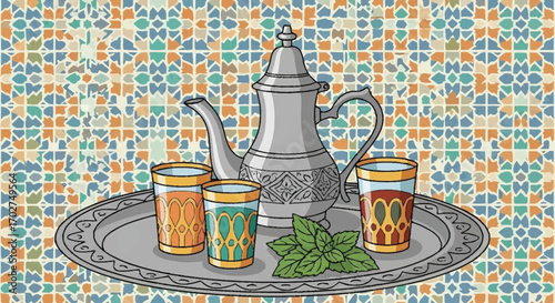 Inviting Moroccan Mint Tea Service with Elaborate Silver Teapot, Patterned Glasses, and Fresh Mint on a Tray Against a Richly Textured Background