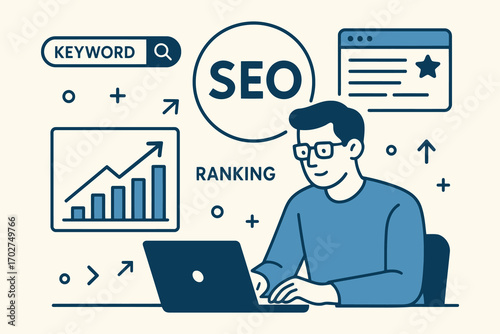 Man working on laptop optimizing website for search engine ranking and seo