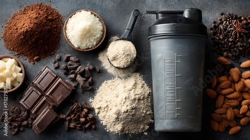 A protein shaker bottle surrounded by various protein powders and almonds on a marble surface