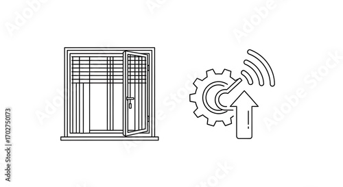 A simple line drawing of an open window with blinds, illustrating smart home technology integration.