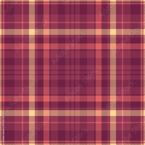 Detailed pixelated plaid pattern in shades of red and beige. Evokes retro design, textiles, and abstract art. Ideal for backgrounds and digital textures.