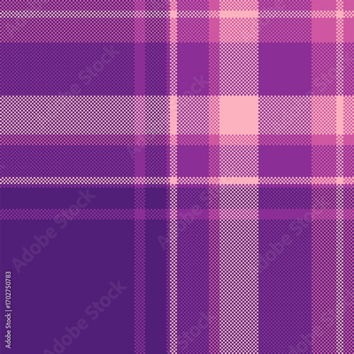 Pixelated tartan pattern in shades of purple and pink. Perfect for digital designs, retro aesthetics, or textured backgrounds. A versatile, modern twist on a classic textile.