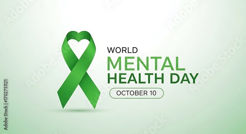World mental health day on october 10th, featuring a green ribbon shaped into a heart, symbolizing awareness and support for mental wellbeing
