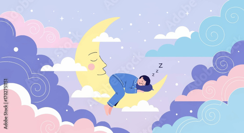 Peaceful slumber an illustrated figure finds ultimate rest, curled up on a soft crescent moon among a celestial array of fluffy pastel clouds