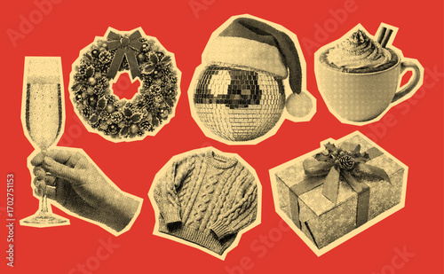set of Happy New Year elements, Christmas wreath, winter sweater, gift box, hot chocolate cup, hand with a glass of champagne, retro halftone style, vintage photocopy collage collection