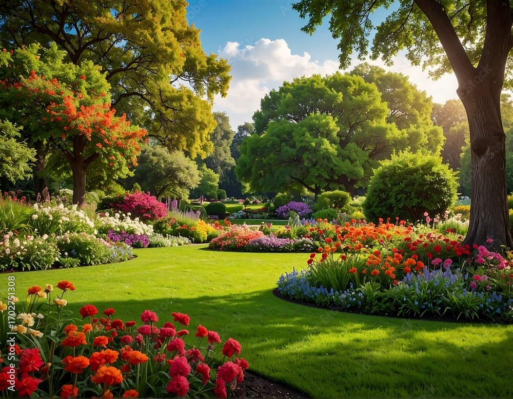 Fototapeta premium Lush garden landscape, vibrant blooms