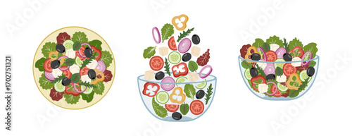 Fresh vegetables in a bowls set. Greek salad with red tomato, onion, pepper, feta, cucumber, lettuce, arugula. Hand drawn vector illustration isolated on white background, flat cartoon style.