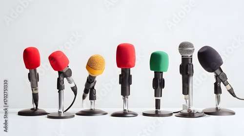 Row of colorful microphones on stands against white background.