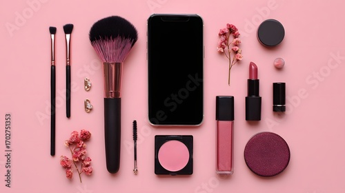 A flat lay of various makeup products including brushes, lipsticks, and a smartphone on a pink background