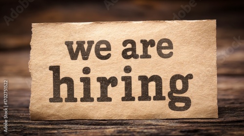 Closeup of a textured tan card with we are hiring printed in bold black letters resting on a weathered wooden surface