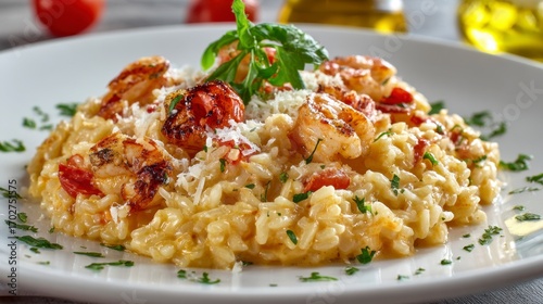 Closeup of shrimp risotto on a white plate garnished with basil  parmesan cheese Tomatoes  olive oil visible