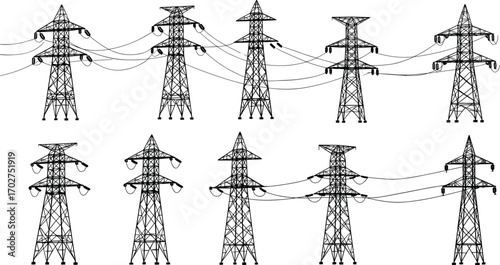 Steel lattice transmission towers, power line pylons, electrical infrastructure, interconnected towers, high voltage transmission, black and white drawing, electrical grid lines