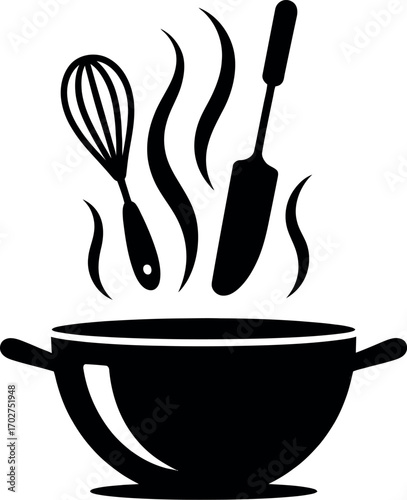 Cooking pot with whisk and spatula steam