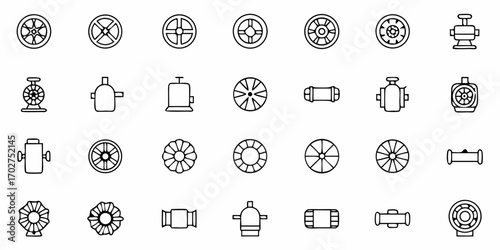Diverse collection of mechanical parts and components, perfect for engineering designs or technical illustrations, clean scalable line art icons for versatile applications