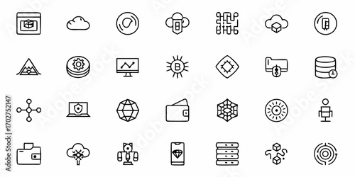 Modern Fintech Icons Collection Representing Blockchain, Cryptocurrency, and Digital Finance for Innovative Financial Technology Solutions and Investments
