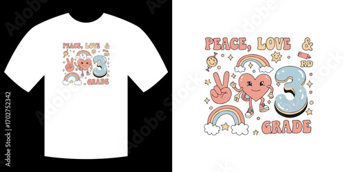 Peace, Love & 3rd Grade: A groovy design that captures the essence of positivity and learning in a fun retro style. A unique graphic design on a T-shirt, ready to inspire