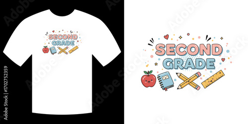 Second Grade Tee-Shirt: A vibrant and cheerful illustration adorns a tee-shirt, celebrating the milestone of second grade with playful graphics and a sense of academic excitement.