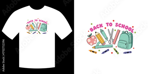 Back to School Tee Design: A vibrant and playful t-shirt design, perfect for welcoming the school year, showcasing essential school supplies in a creative layout.