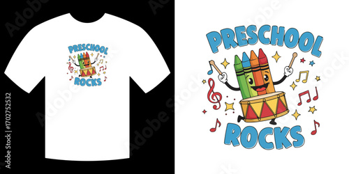 Preschool Rocks: Playful and creative cartoon design, ideal for kids' apparel, featuring vibrant crayons and musical notes, reflecting the fun-loving spirit of early education. 