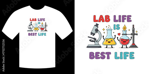 Lab Life on Display: Vibrant illustration of laboratory elements forms a cheerful graphic on a t-shirt, celebrating the joys of scientific exploration.