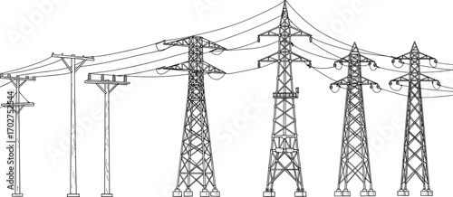 Electric transmission towers, utility poles, overhead power lines, electrical infrastructure, steel lattice towers, power distribution, black and white drawing, energy transmission lines