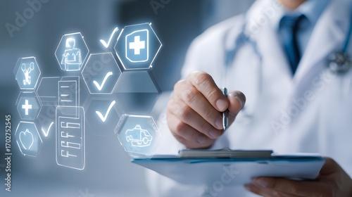Doctor writing on clipboard with medical icons and modern checkmarks digital futuristic.