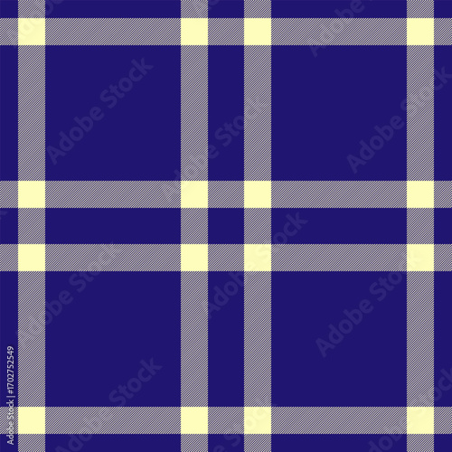 Grungy check fabric texture, stylish vector plaid textile. Front background seamless pattern tartan in indigo and light colors.