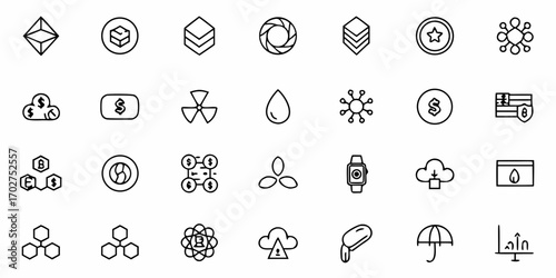 Modern Line Art Icons Representing Cryptocurrency, Cloud Computing, and Technology Concepts for Business and Design, Ideal for Website and App Interfaces