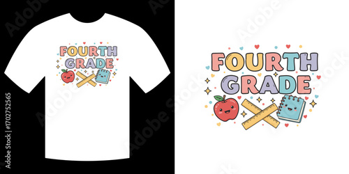 Fourth Grade Shirt Design: A cute and colorful design featuring the text FOURTH GRADE with charming illustrations of school supplies, ideal for back-to-school apparel or educational projects. 