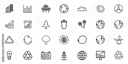 Eco-Friendly Outline Icons for Sustainable Living and Green Initiatives, Perfect for Promoting Environmental Awareness and Corporate Social Responsibility Campaigns