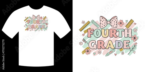 Fourth Grade T-shirt Design: An adorable design for a fourth grade themed t-shirt, featuring elements for the class room. 