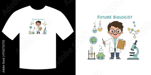 Future Biologist T-shirt Design: Captivating design showing a young and bright student. This graphic illustration captures the imagination and sparks curiosity in future scientists. 