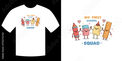 School Squad T-shirt Design: A cheerful and inviting t-shirt design, perfect for back-to-school promotions, featuring a charming squad of stationery characters.