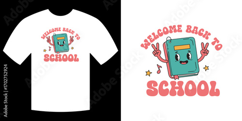 Welcome Back to School T-shirt Design: A fun and playful t-shirt design featuring a cheerful, cartoon book with open arms, ready to welcome students back to school.