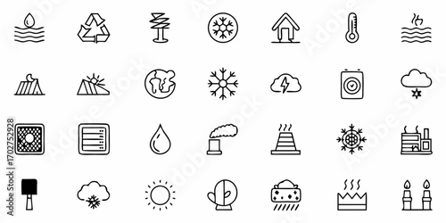 Weather and Environmental Icon Set Representing Nature's Elements and Ecological Themes, Climate Change Awareness, Weather Forecasting, and Environmental Impact