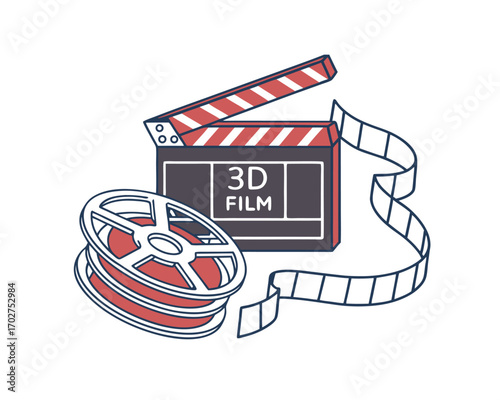 Digital illustration of a film clapboard and film reel emphasizing the 3D film concept production process and cinematic art