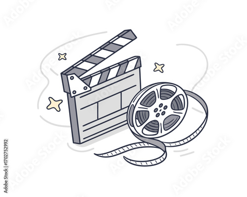 Film slate and film reel movie industry elements creating cinematic experience and promoting entertainment and storytelling for movie production