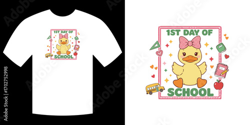 Back to School Tee: A charming graphic of a yellow duck with a pink bow, surrounded by school elements on a white tee. Perfect for the first day of school.