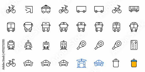 Explore various transportation options with this handy icon set, featuring bikes, buses, trains, cars and more, perfect for wayfinding and mapping applications