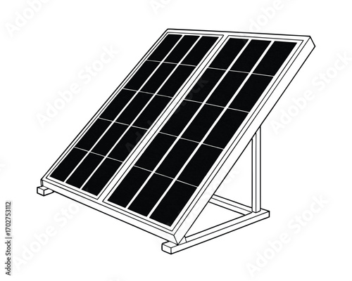 Black and white illustration of solar panels providing clean renewable energy source reducing carbon footprint and promoting sustainable lifestyle choices for future generations