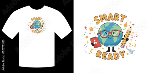 Smart and Ready: A creative t-shirt design featuring an anthropomorphic Earth character, complete with glasses and a pencil, ready for learning. Showcasing a smart, educational.