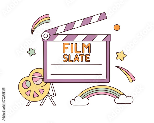 Whimsical Film Slate Illustration with Rainbows and Stars for Creative Projects and Childrens Media Film Making Design