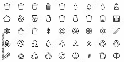 Sustainable living icons for eco-friendly designs, featuring recycling, energy, water, and nature symbols in a clean, modern style to promote environmental awareness
