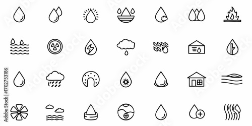 Essential water cycle elements: modern line icons showcasing water drops, rain, waves, and sustainability symbols for environmental awareness and design projects