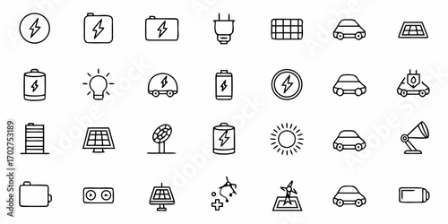 Sustainable Energy Icons Showcasing Renewable Technology and Eco-Friendly Solutions for a Greener Future, Perfect for Clean Energy Initiatives and Electric Vehicle Promotions