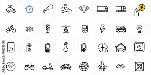 Doodle Style Icon Set for Transportation, Navigation, and Energy Efficient Technologies, Representing Modern Urban Lifestyle and Green Initiatives in Vector Format
