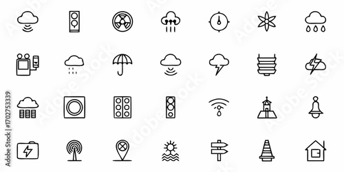 Collection of Weather and Technology Line Icons for Modern Web Design and User Interface Projects, Perfect for App Development and Clean, Minimalist Designs