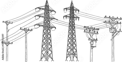 Utility poles, transmission towers, power lines, electrical distribution, transformers, steel lattice towers, energy transmission, black and white drawing, electrical infrastructure
