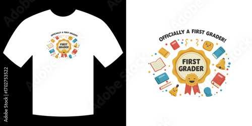 Officially First Grader T-shirt Design: A cheerful illustration for the official first grader, depicted with education symbols, presented on the t-shirt 